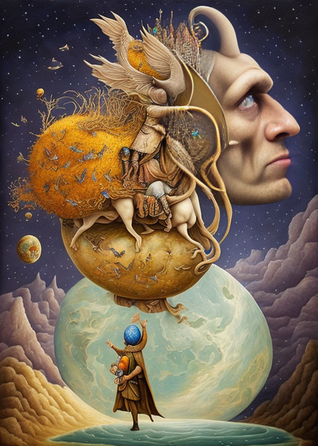 Surreal painting: man's profile with fantastical elements