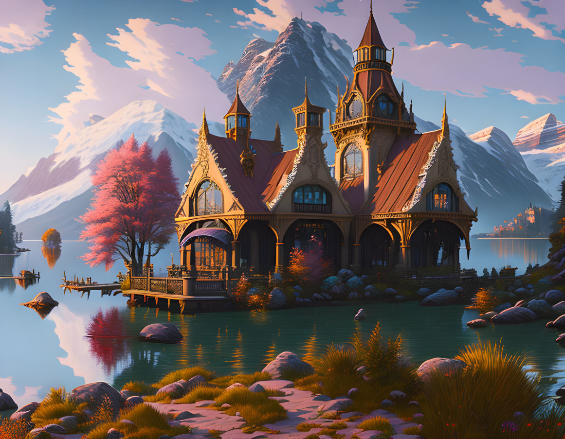 Victorian-style mansion near tranquil lake at sunset