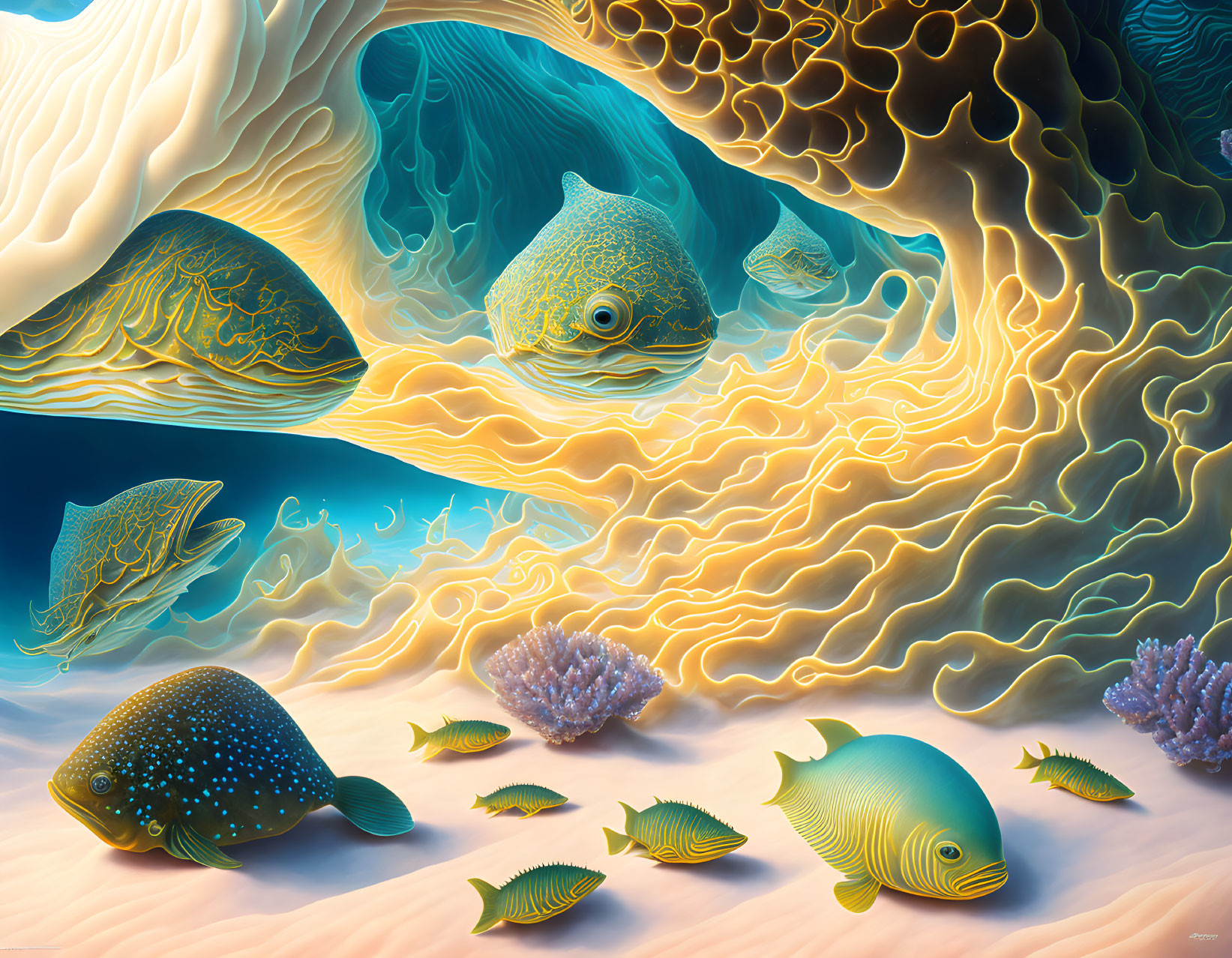 Vibrant Fish and Coral in Surreal Underwater Scene