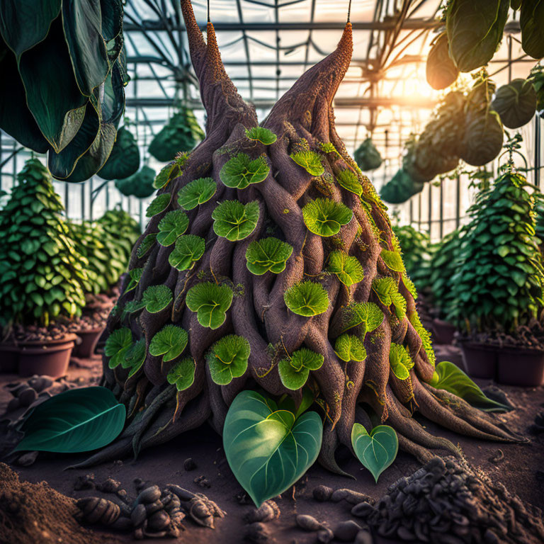 Vibrant green circular leaves on spiky brown trunk in greenhouse