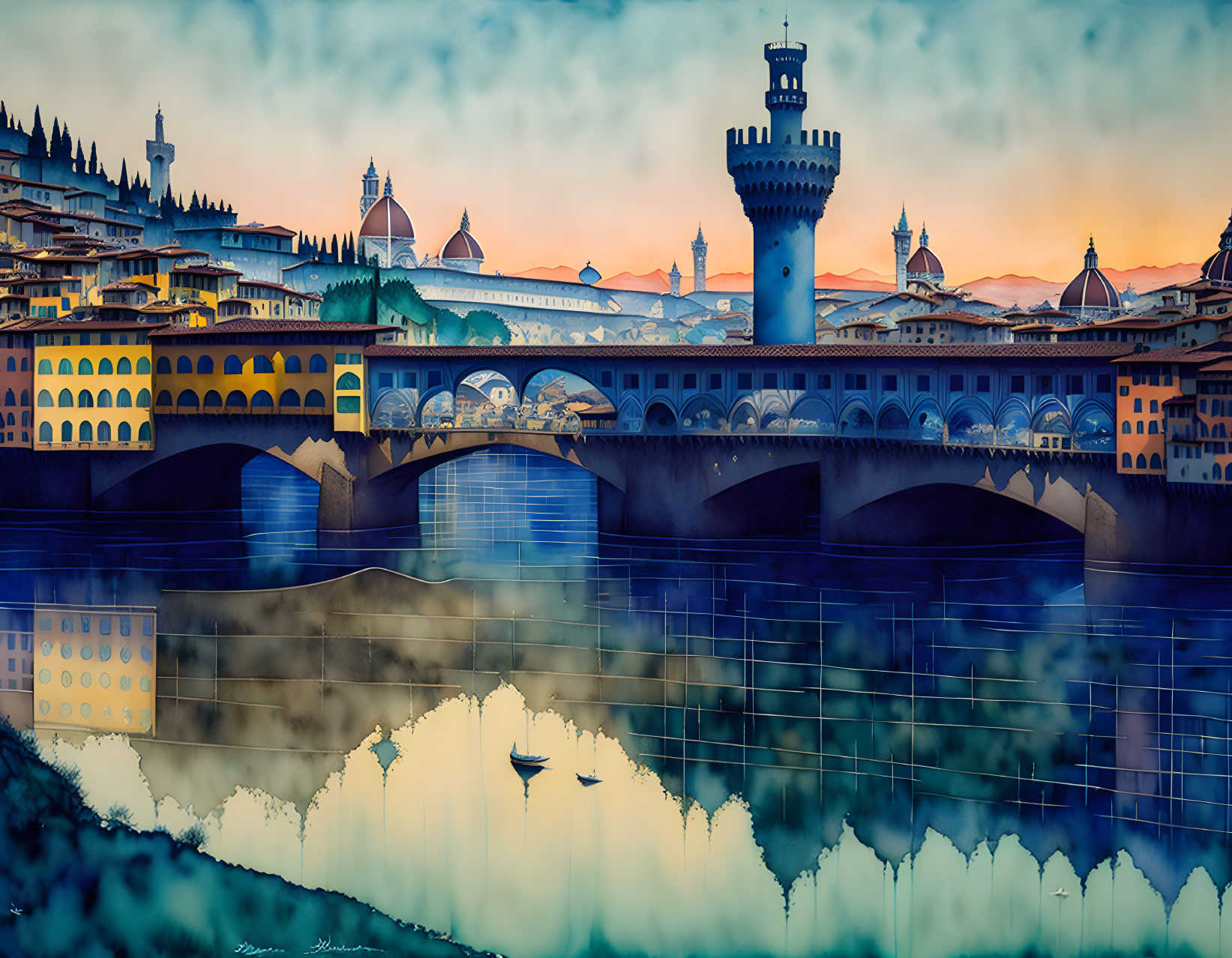 Vibrant Sunset Skyline Illustration of Florence with Ponte Vecchio Bridge