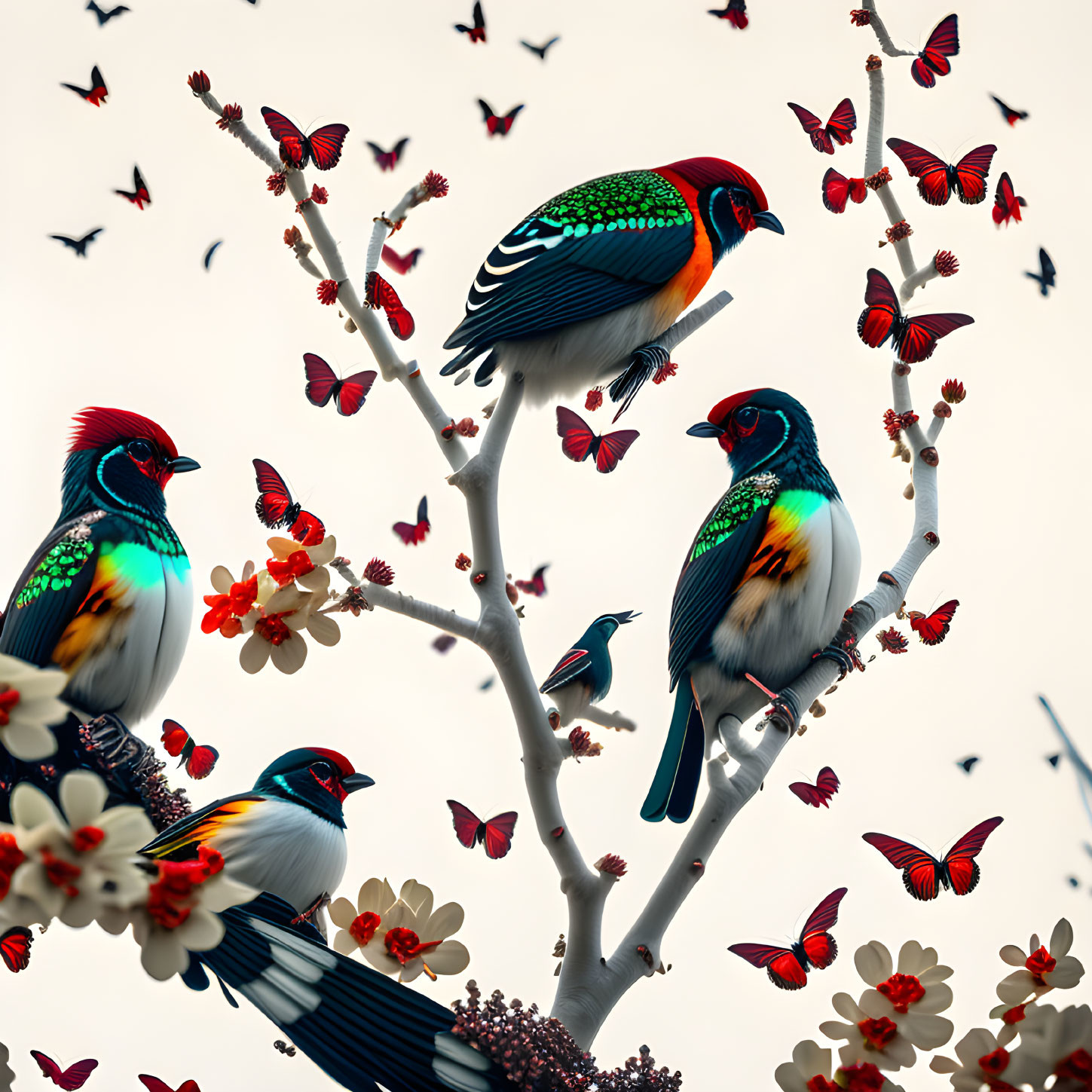 Colorful Birds and Butterflies on Flowering Branches in Pale Sky