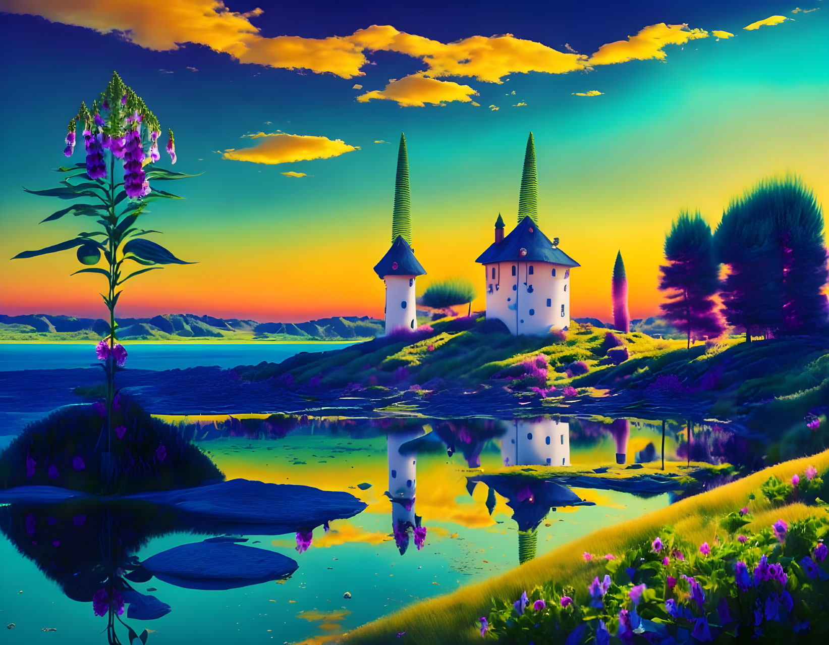 Fantasy landscape with whimsical towers, tranquil lake, lush flora, surreal sunset sky