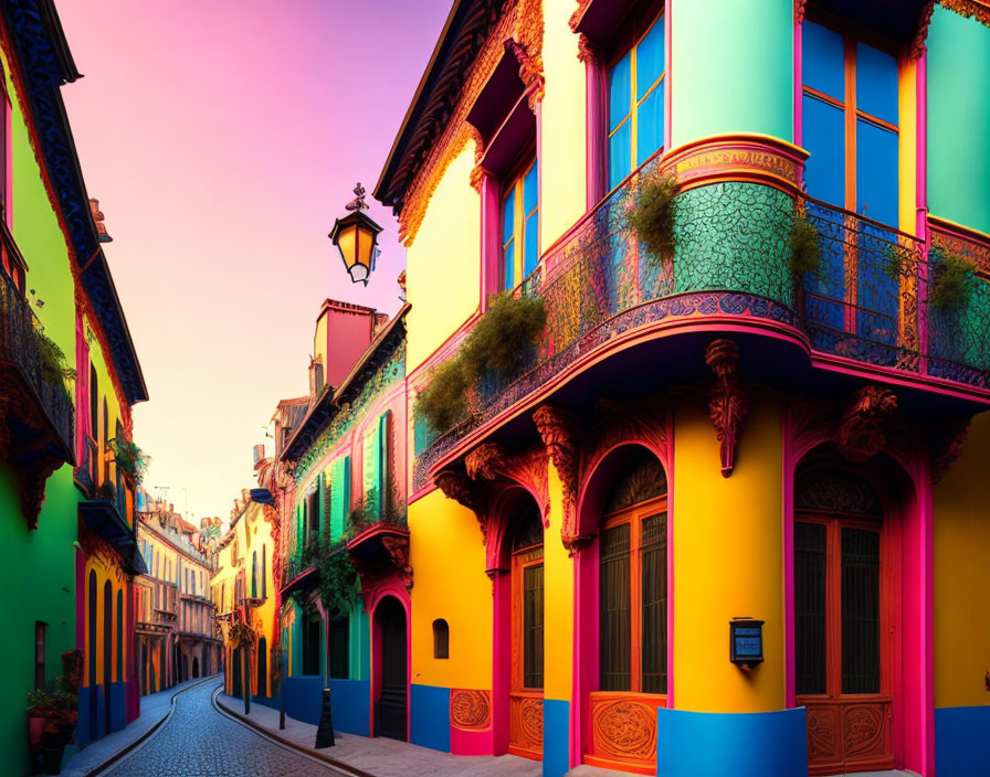 Colorful sunset street scene with greenery and lantern.