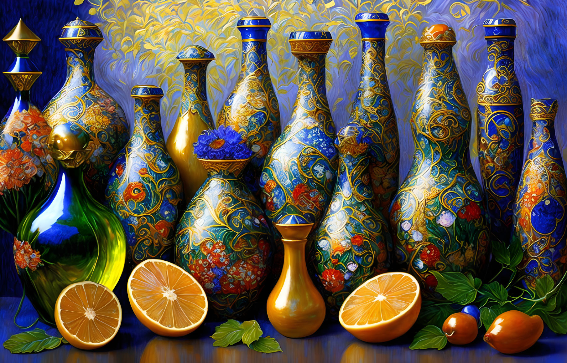 Ornate Blue and Gold Vases with Citrus Fruits on Draped Table