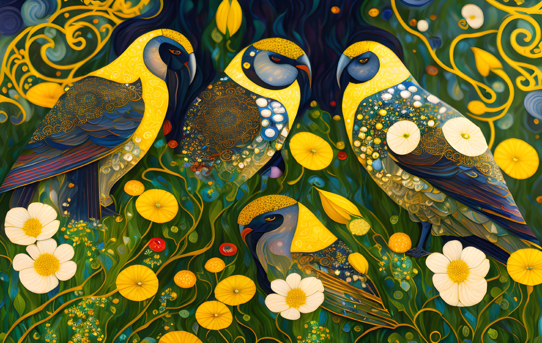 Vibrant illustration of three patterned birds in floral setting