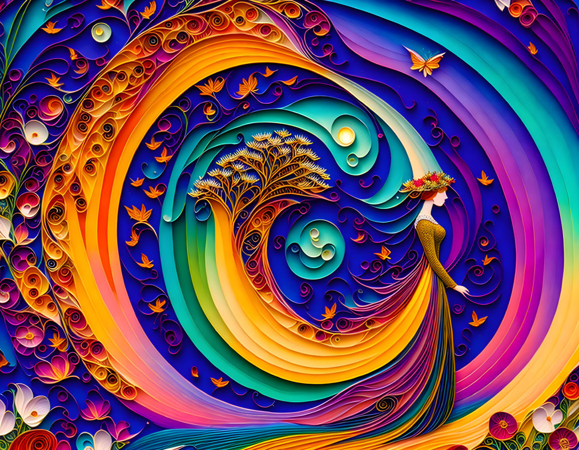 Colorful peacock digital artwork with swirling patterns and floral elements