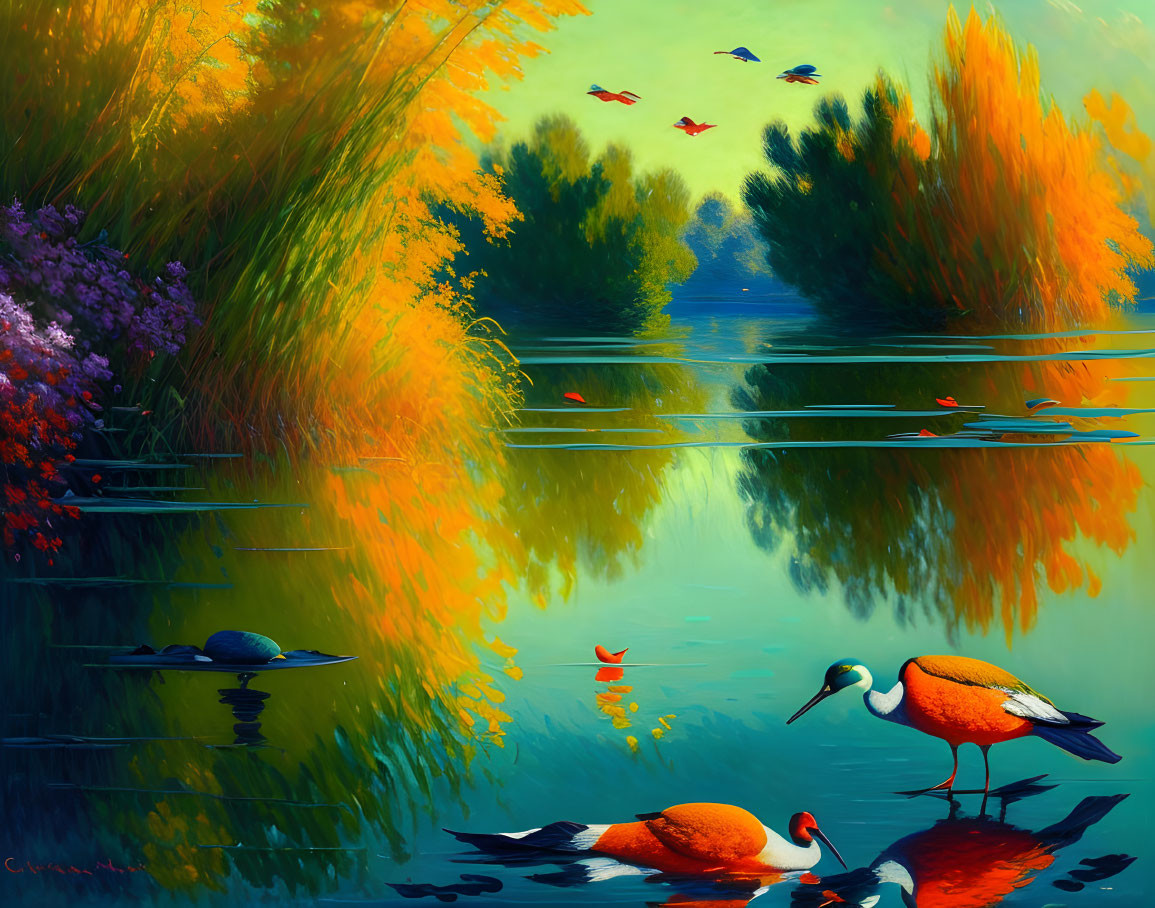 Colorful bird and butterfly artwork by a serene lake with lush foliage