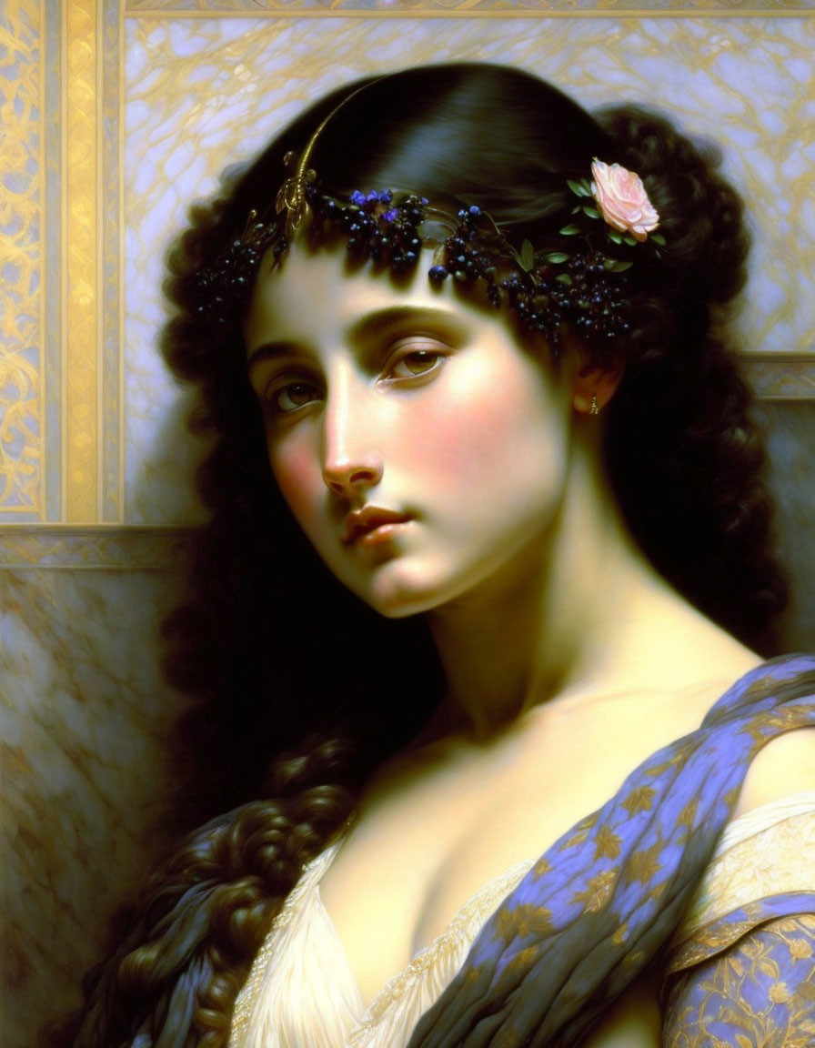 Classical portrait of woman in blue dress with floral headpiece