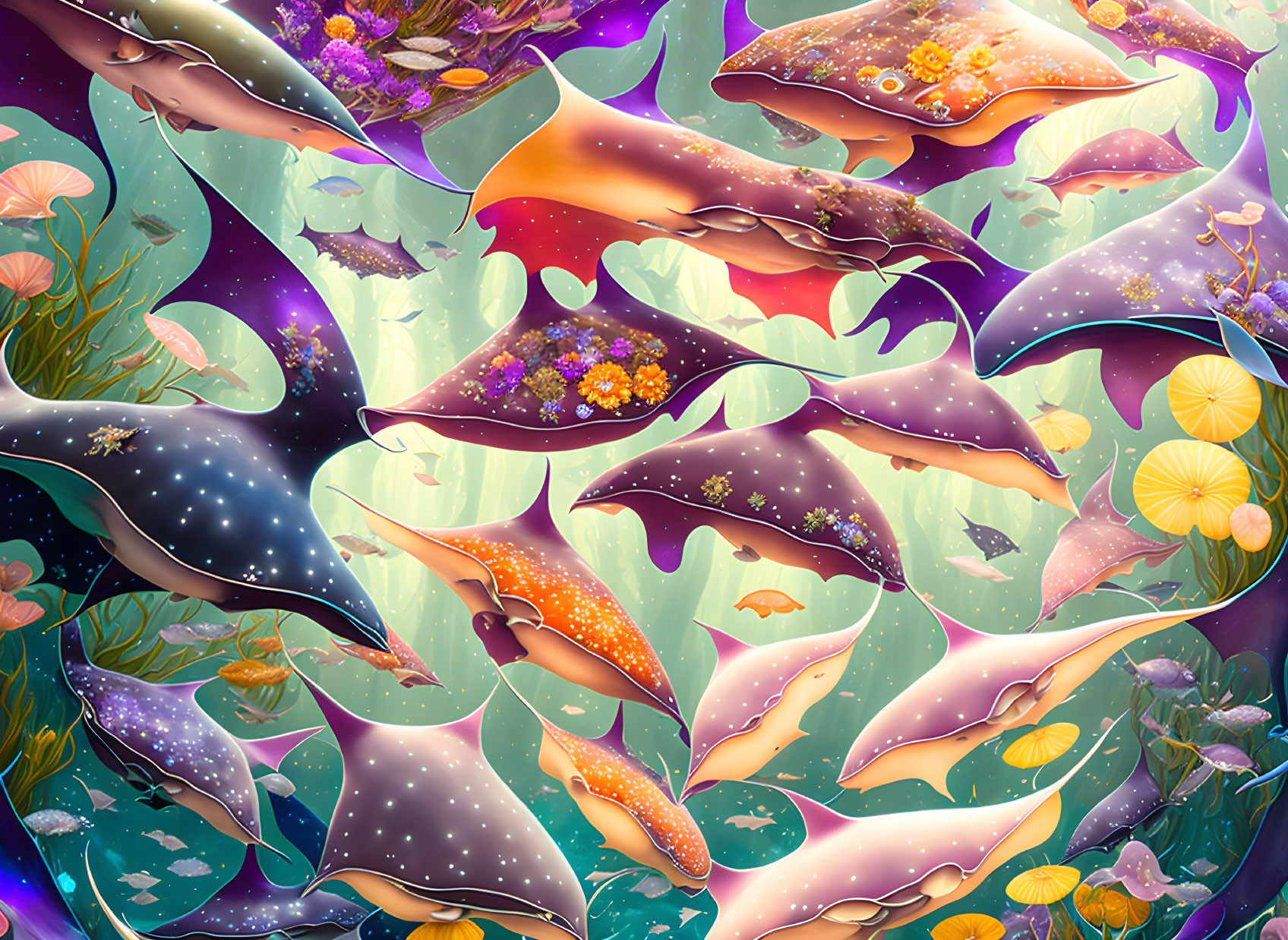 Colorful underwater fantasy illustration with stylized rays and marine flora