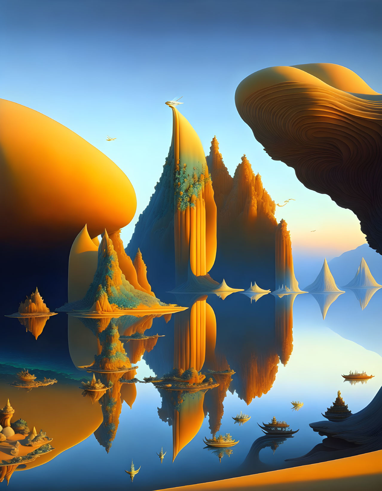 Vibrant surreal landscape with mirror-like water and orange structures