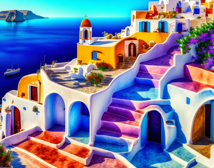 Vibrant Greek island town: colorful buildings, sea view, clear sky, flowers, traditional architecture