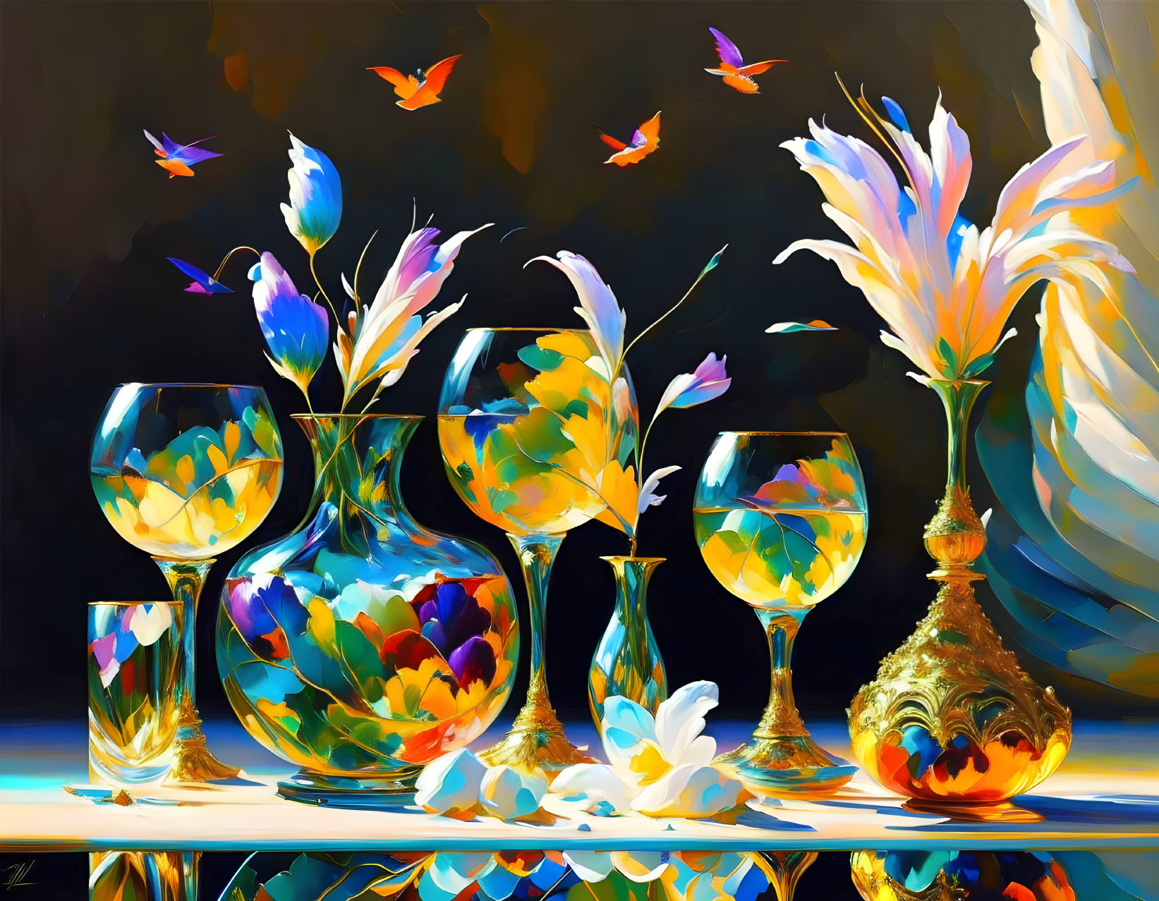 Colorful Still Life Painting with Glassware, Flowers, and Butterflies