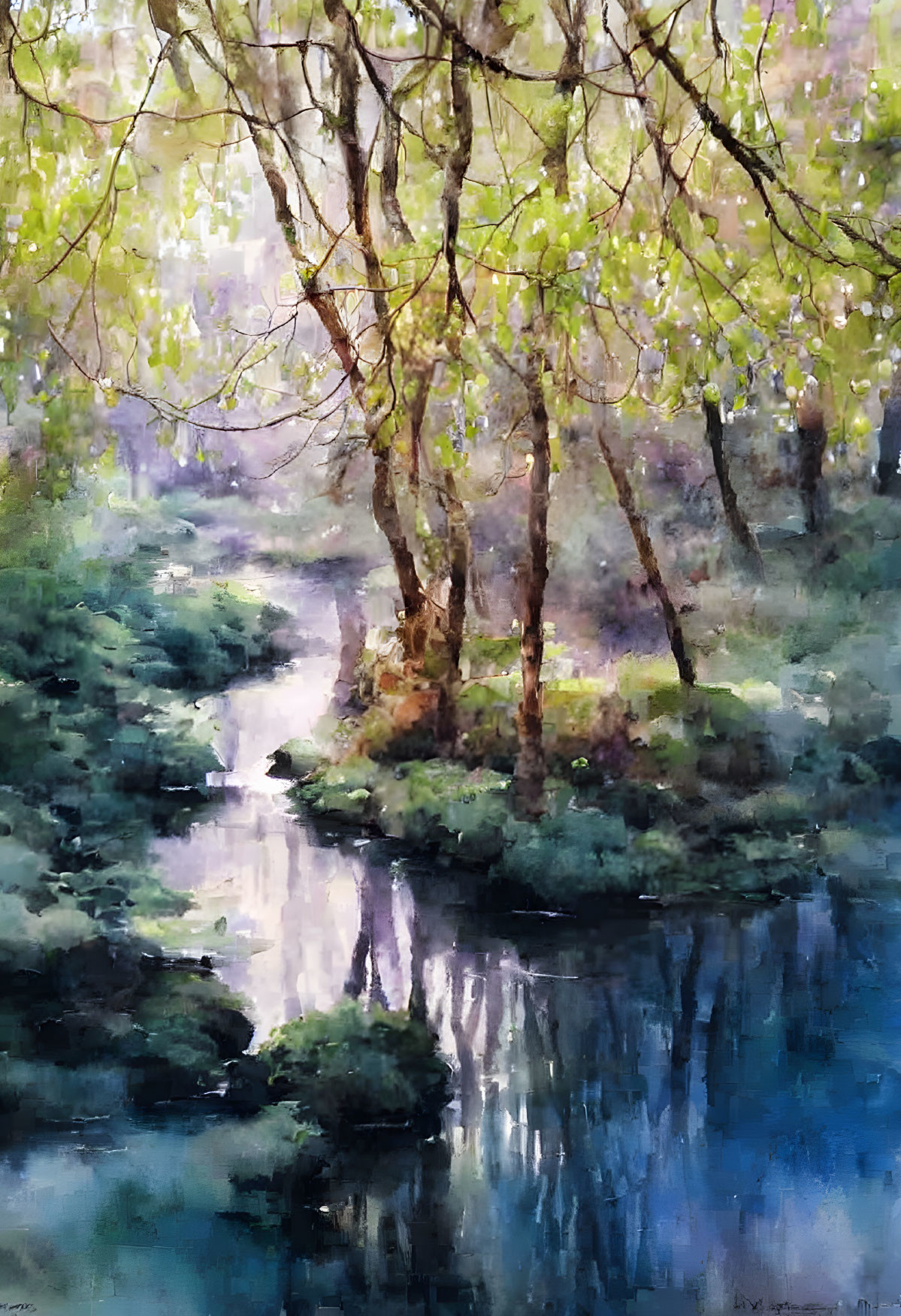 Tranquil watercolor painting of a serene forest river