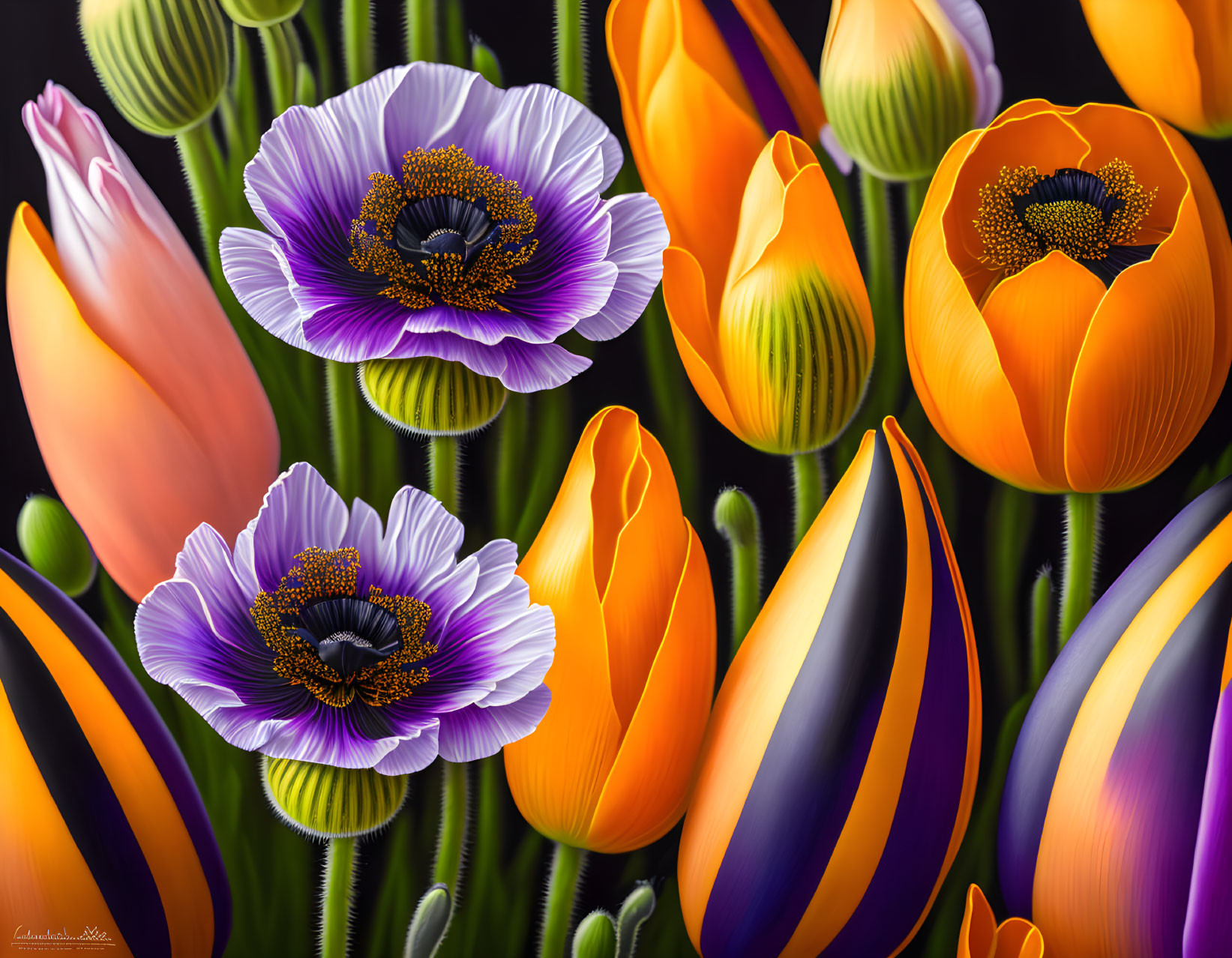 Colorful Flower Painting: Purple Anemones & Closed Tulips on Dark Background