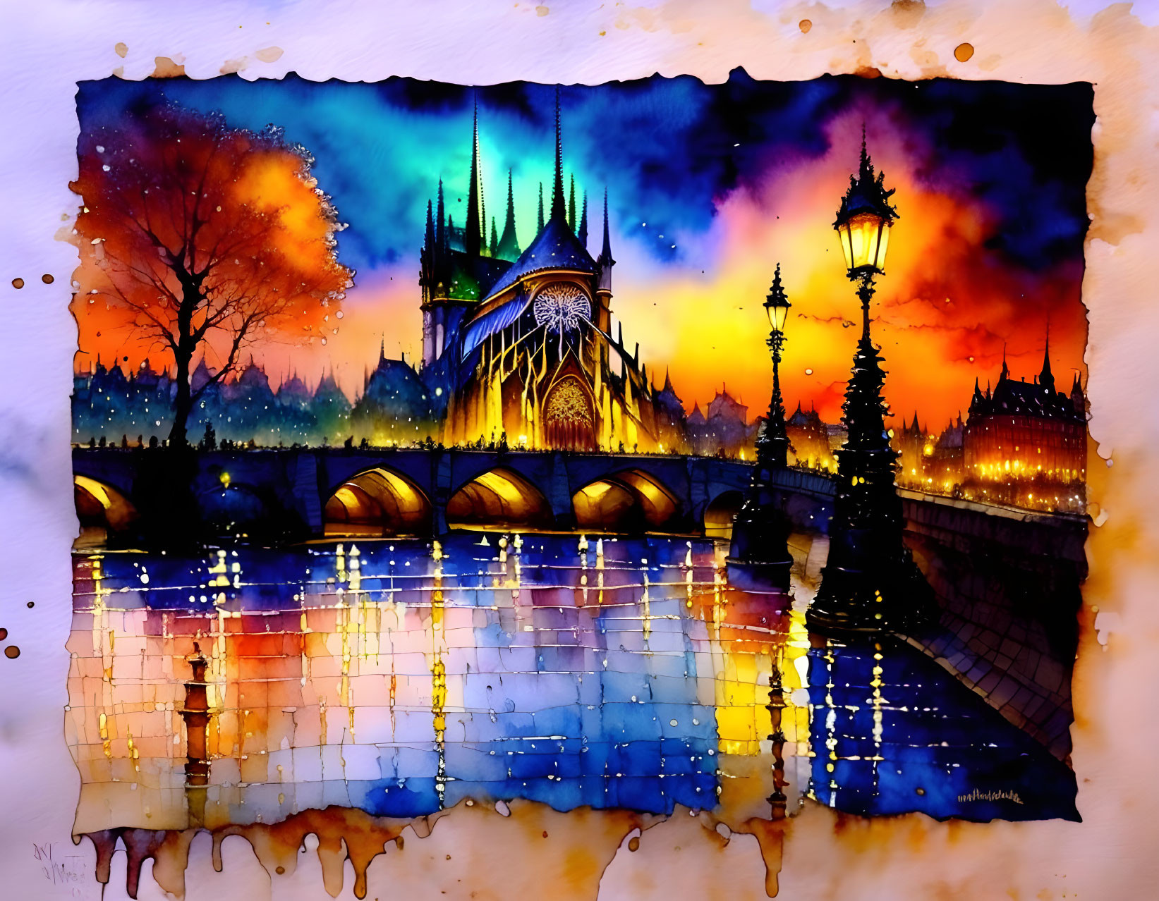 Cityscape watercolor: gothic cathedral and bridge at dusk with reflections.