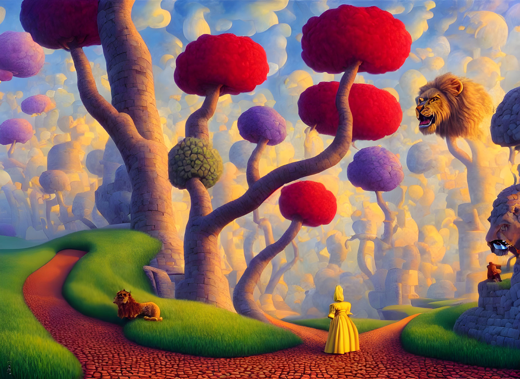 Vibrant fantasy landscape with red foliage trees, yellow-brick road, lion, girl, and