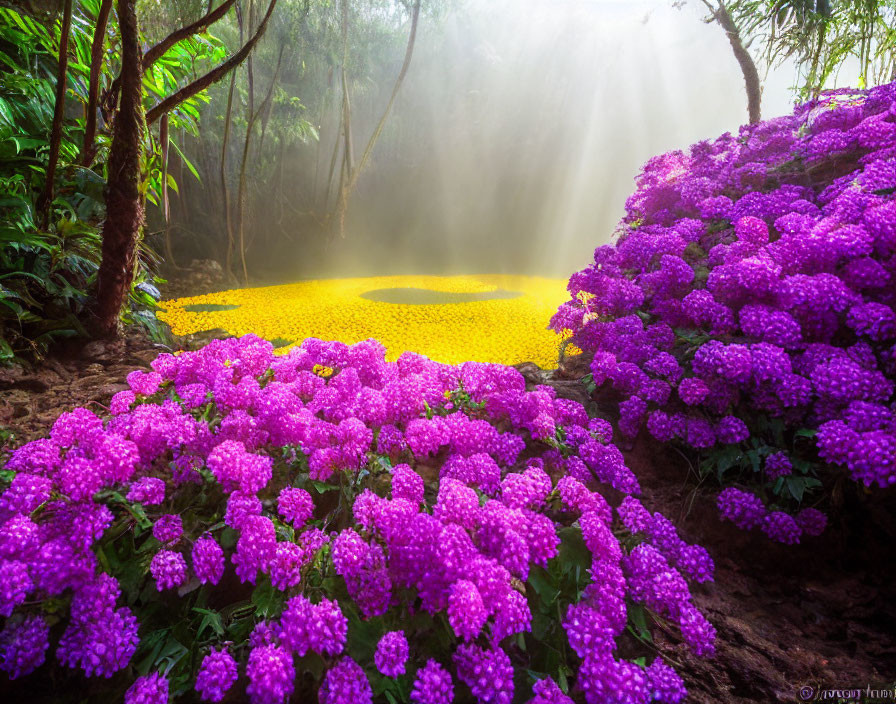 Sunlit Misty Forest with Purple Flowers and Golden Pond