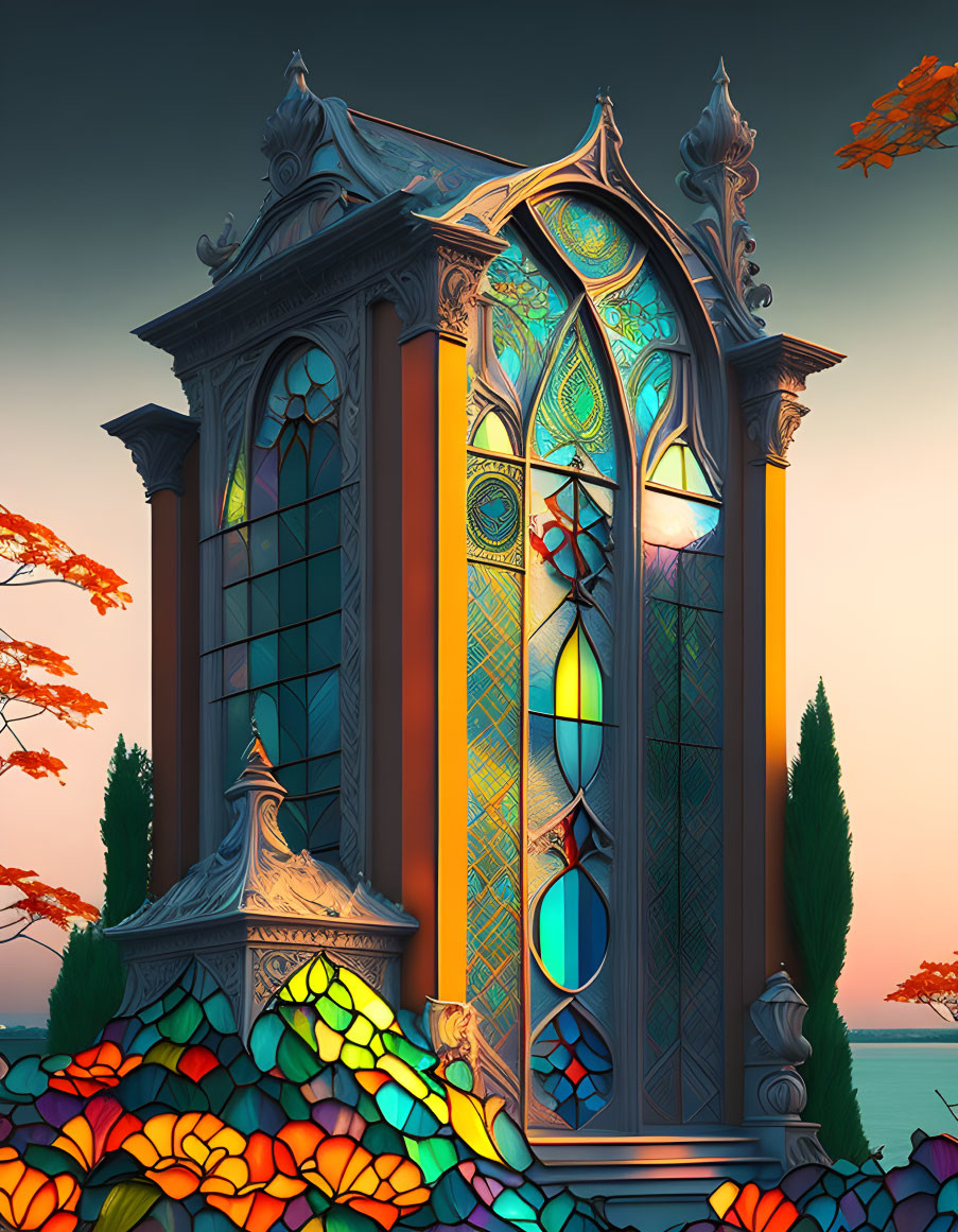 Gothic window with colorful flora in serene landscape at sunrise or sunset