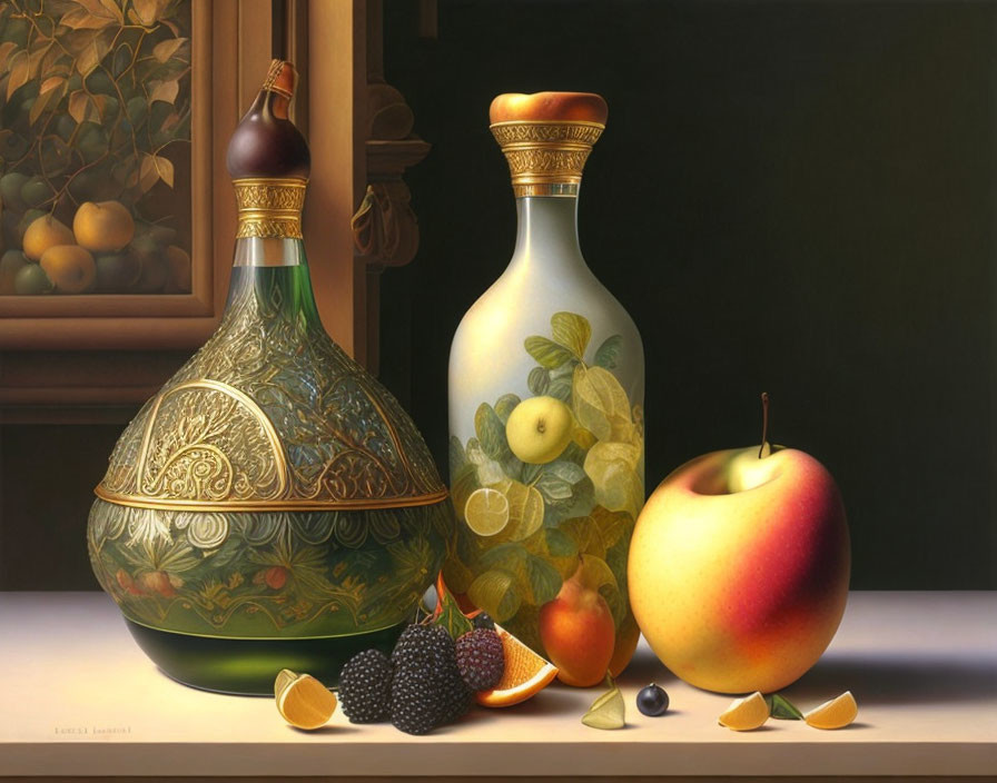 Detailed Still Life Painting of Ornamented Bottles and Fruits