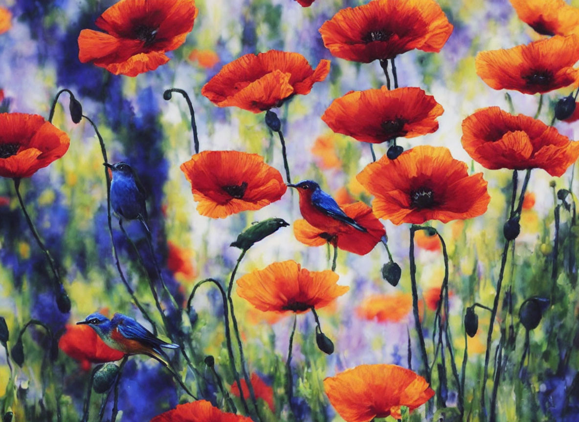 Colorful impressionistic meadow with red poppies and blue birds