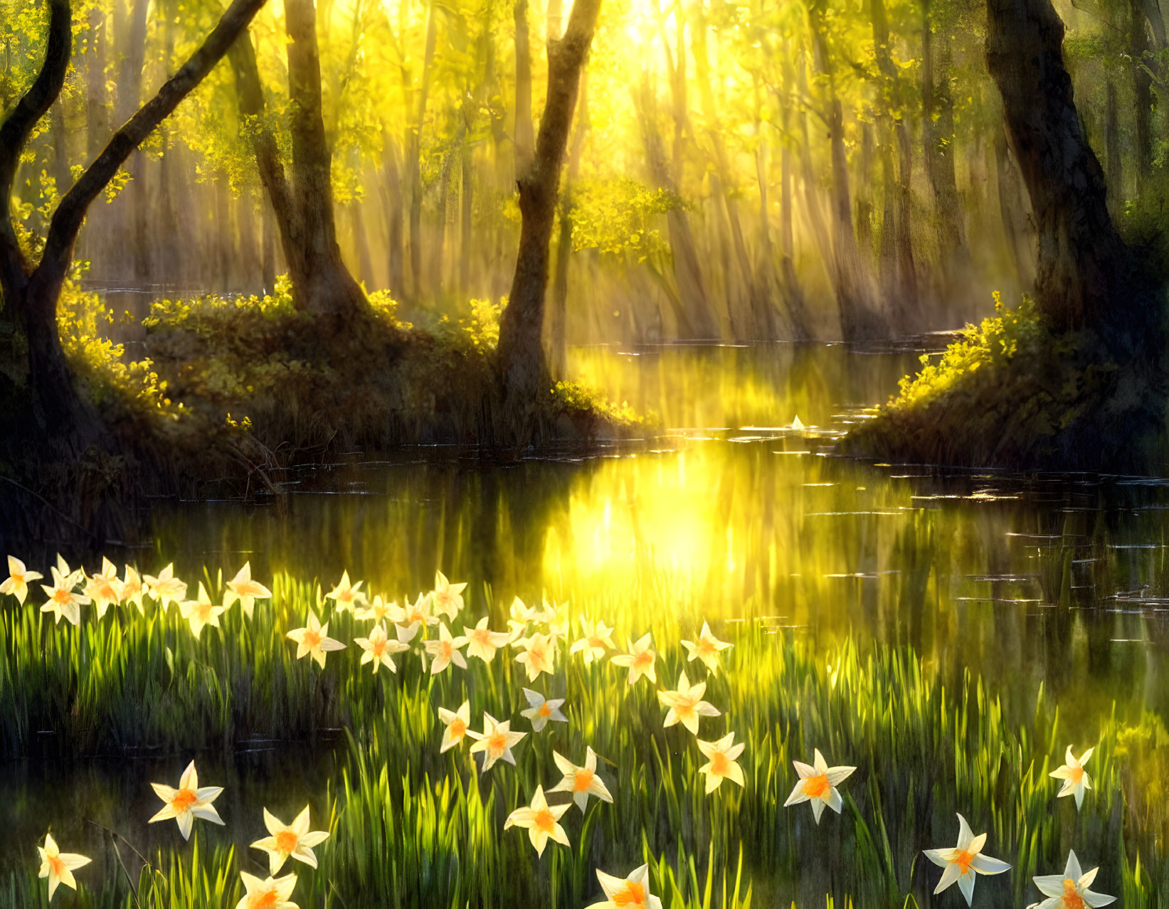 Tranquil forest scene with sunlight, serene lake, blooming flowers