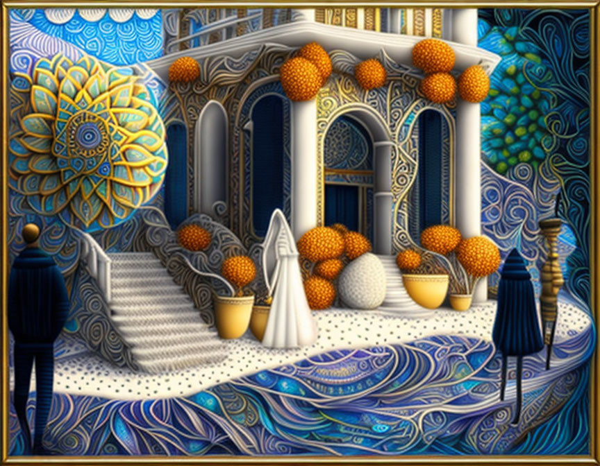 Colorful Balcony with Blue Patterns, Orange Trees, and Pillars