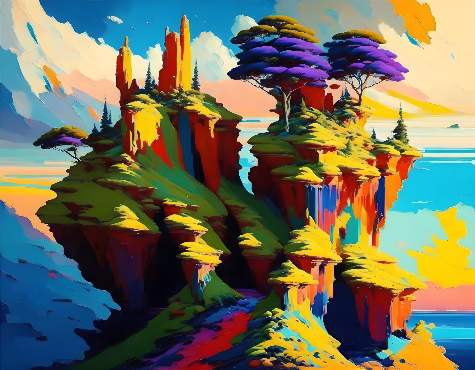 Fantastical floating islands with colorful trees in vibrant digital art