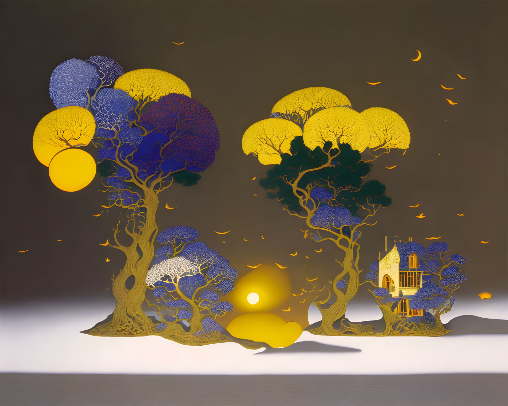 Whimsical blue and yellow foliage with glowing orbs in surreal scene