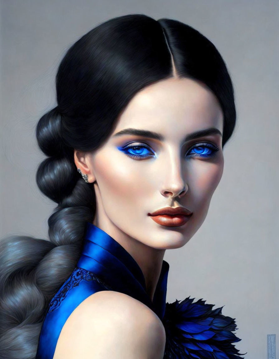 Portrait of woman with blue eyeshadow, blue eyes, glossy lips, braid, and feather