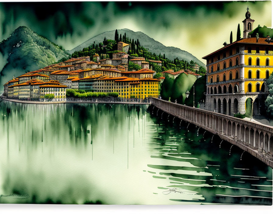 European Lakeside Town Painting with Vibrant Buildings and Green Hills