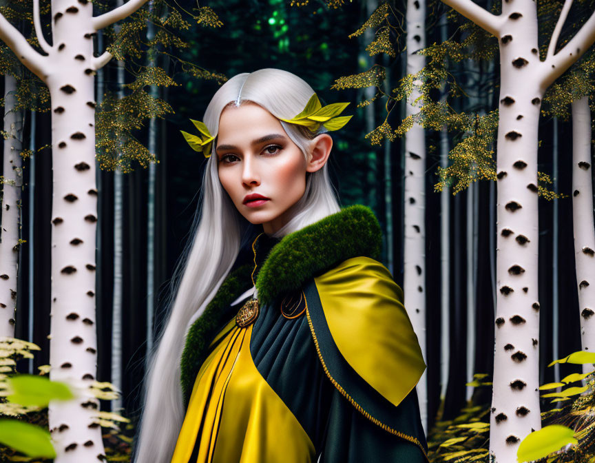 Fantasy character with pointed ears in forest setting wearing green and yellow cloak