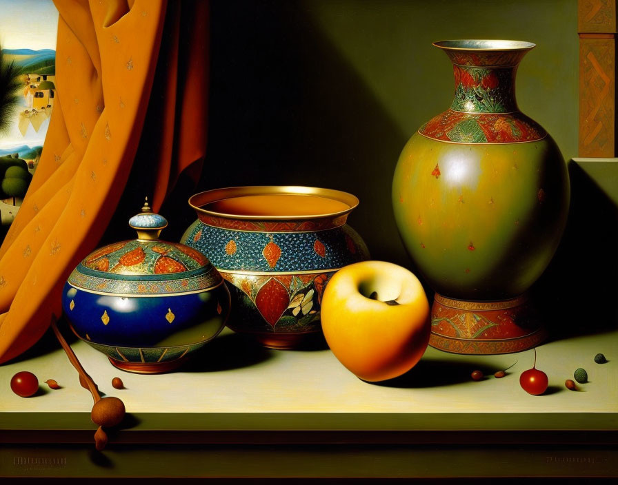 Ornate vase, lidded bowl, peach, berries on reflective surface in still life painting