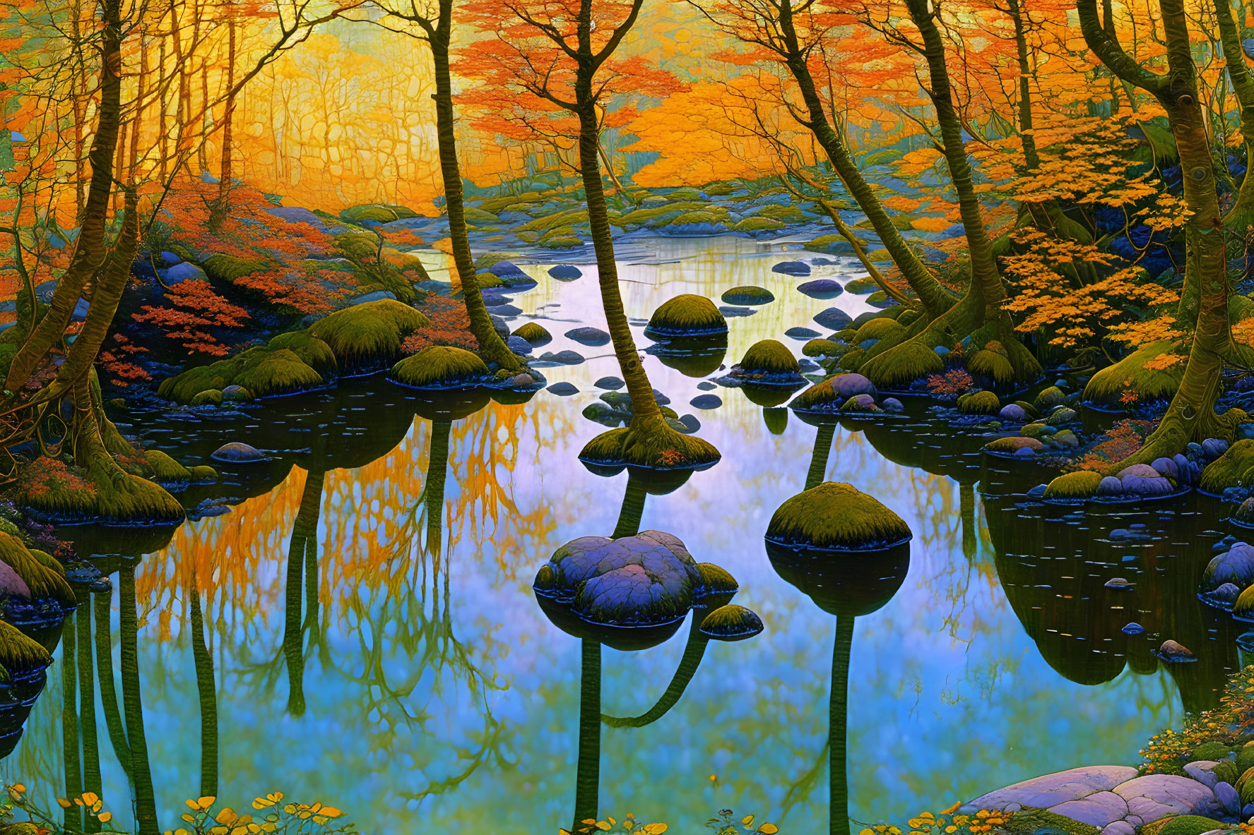 Tranquil autumn forest scene with pond, lily pads, and vibrant trees reflected in water