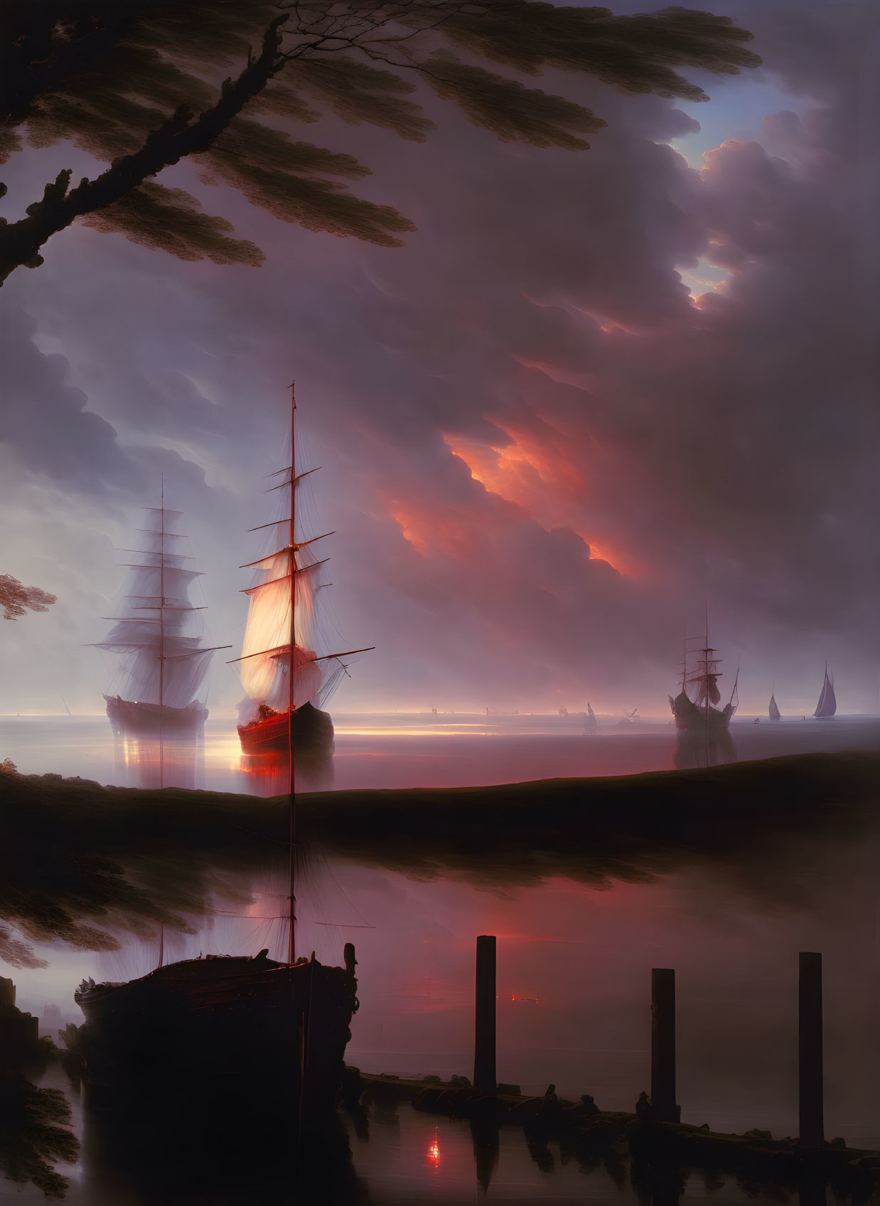 Harbor scene at dusk: tall ships silhouetted against glowing clouds