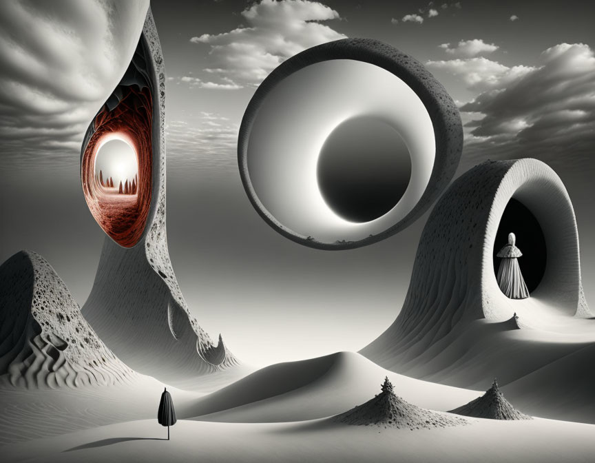 Surreal black and white landscape with eye-shaped structures and mysterious figures