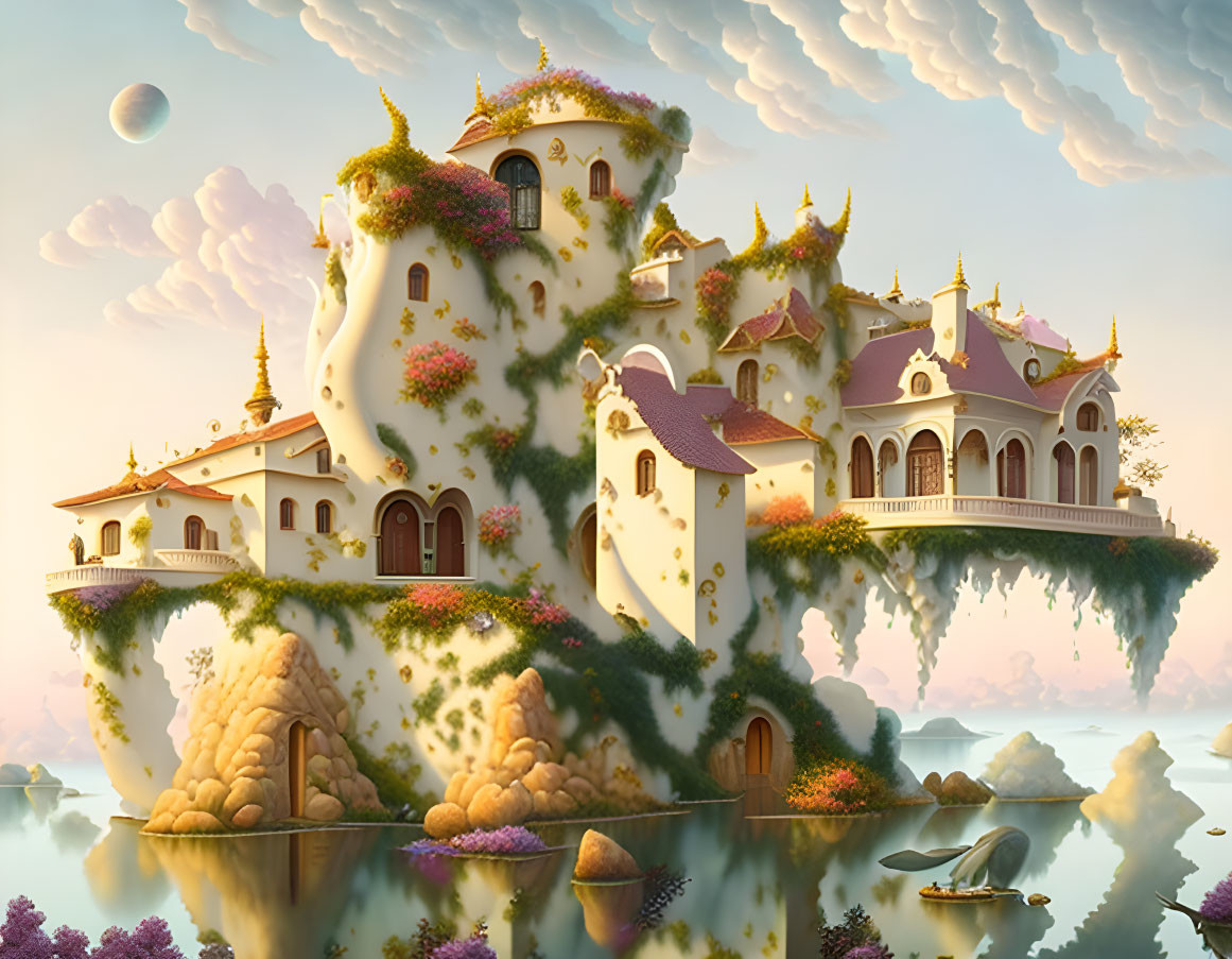 Floating castle with towers, vines, balconies in sky with clouds and planets