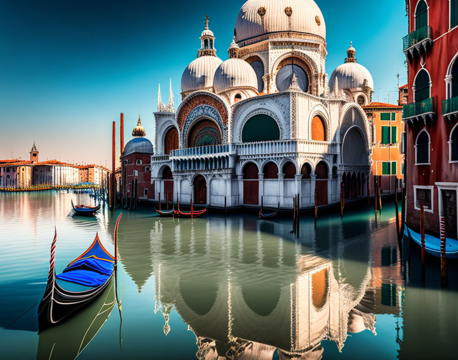 Tranquil scene: moored gondola, Grand Canal, Venice, Doge's Palace