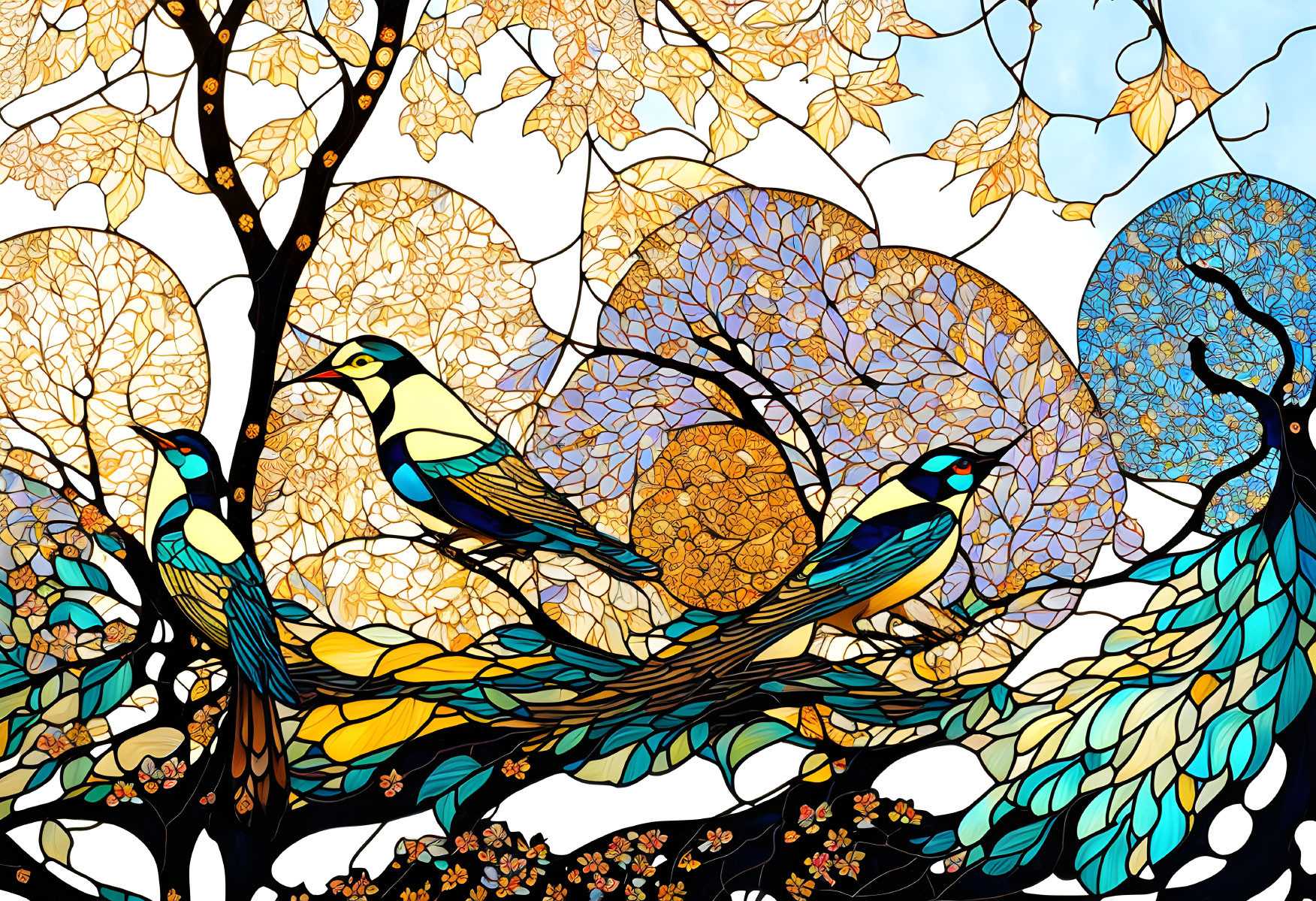 Colorful Birds Perched on Branches with Stained Glass Foliage Background