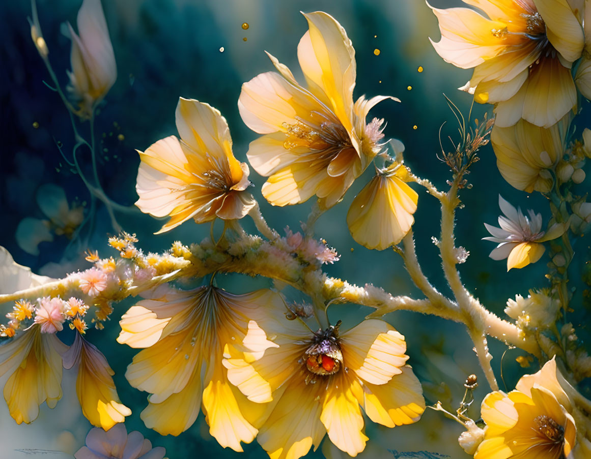 Bright yellow flowers with delicate petals and a ladybug, pollen floating in sunlight.