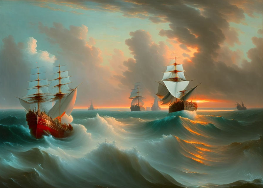 Tall ships with billowing sails on tumultuous seas at sunset