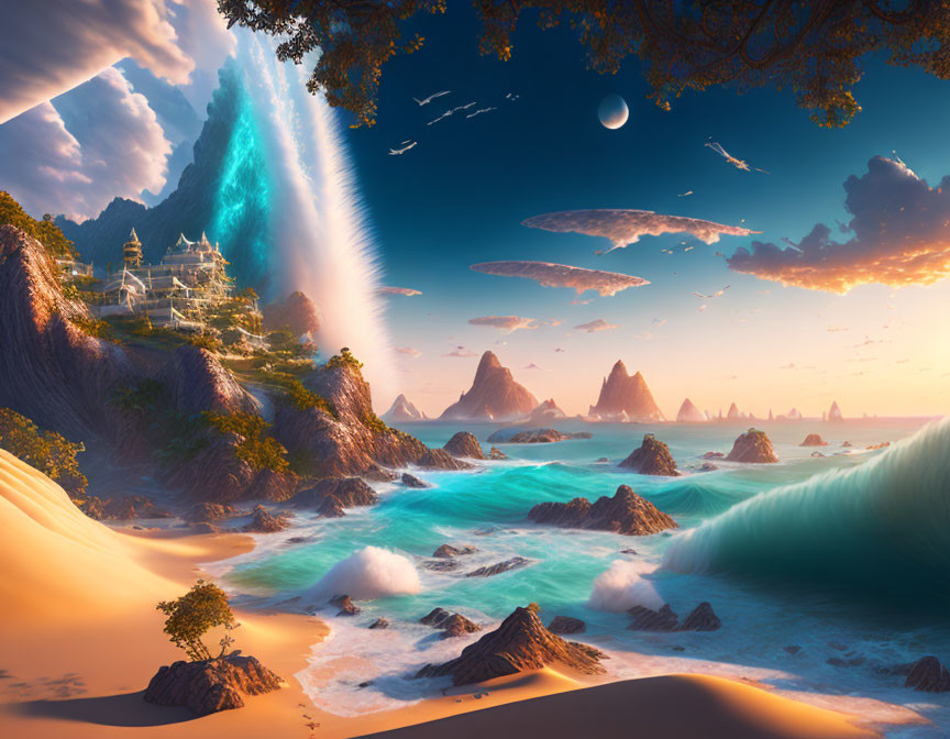 Fantastical landscape with glowing palace, beaches, waterfalls, mountains, waves, and surreal sky