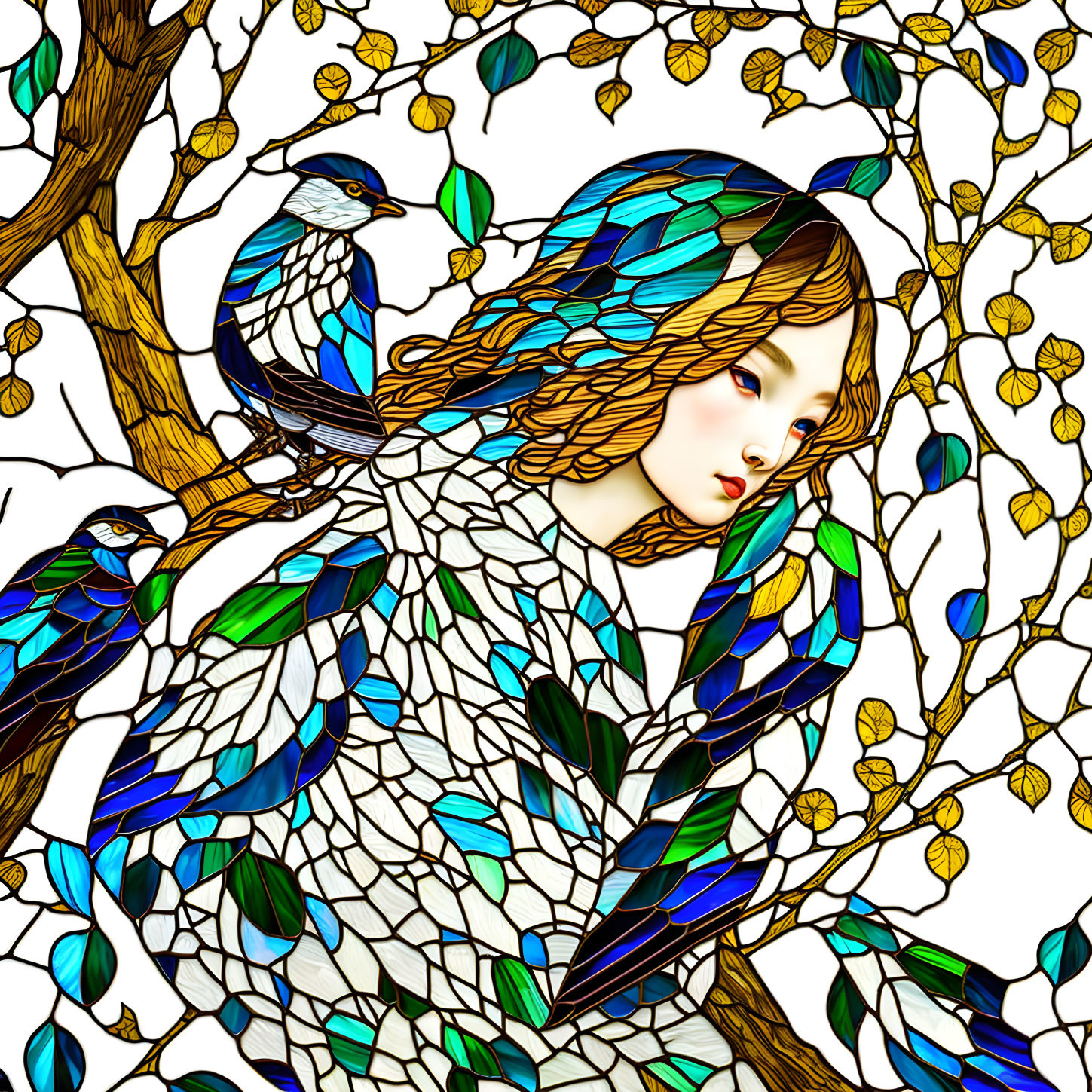 Colorful digital artwork: Woman with bird features, tree, and blue birds in stained glass style