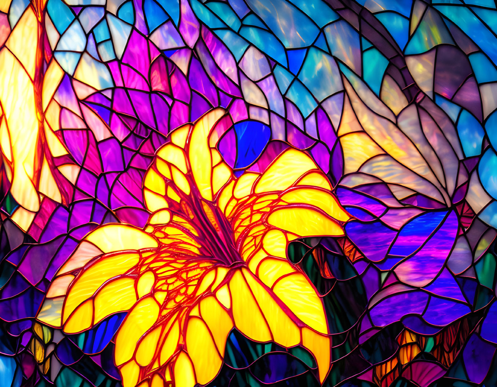 Colorful stained glass window with intricate floral design