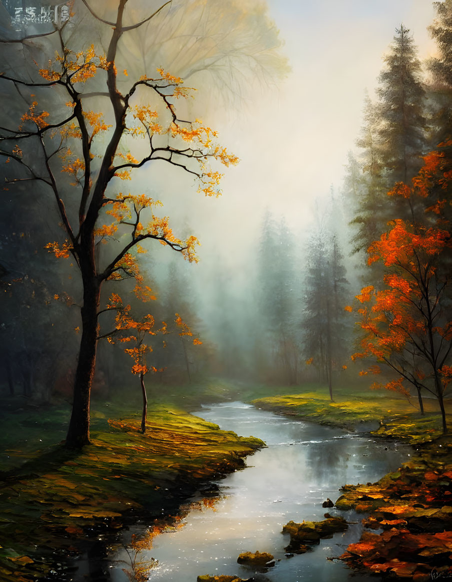 Misty autumn forest with meandering stream & vibrant leaves