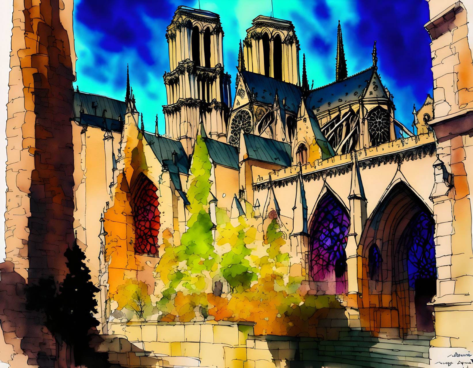 Vivid illustration of Notre-Dame Cathedral with stained glass and gothic architecture against blue sky