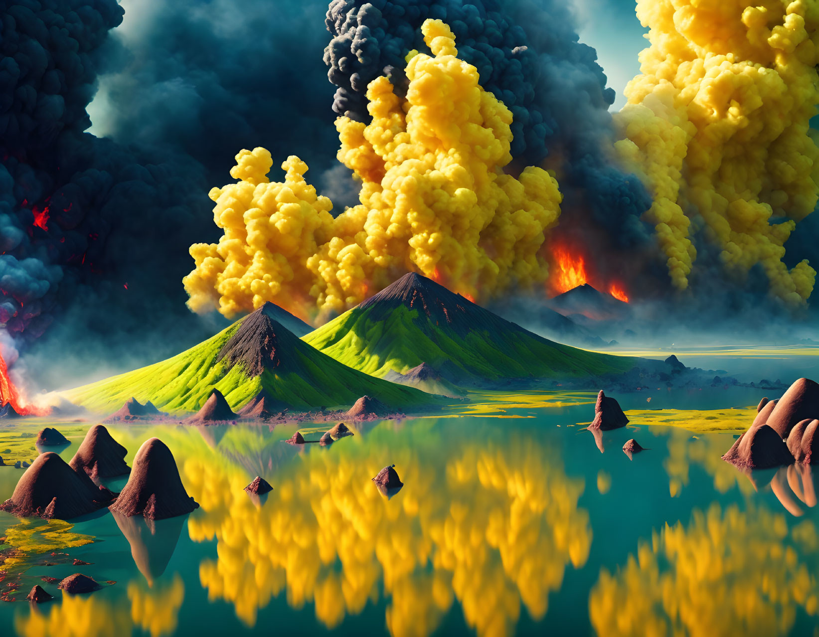 Twin erupting volcanoes spew yellow smoke and lava in dramatic landscape