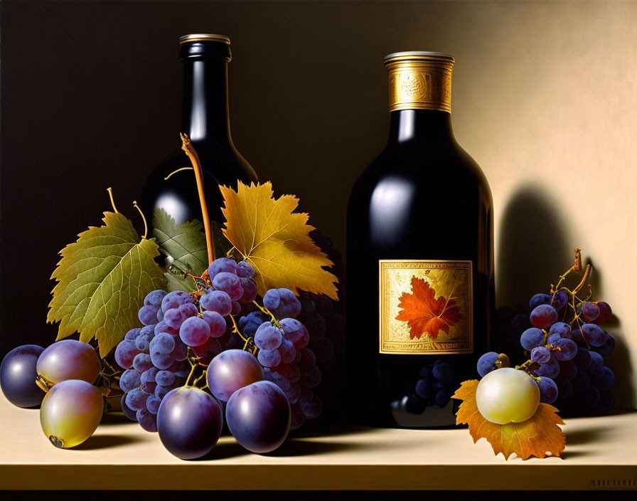 Still Life Composition: Wine Bottles, Grapes & Leaves on Dark Background