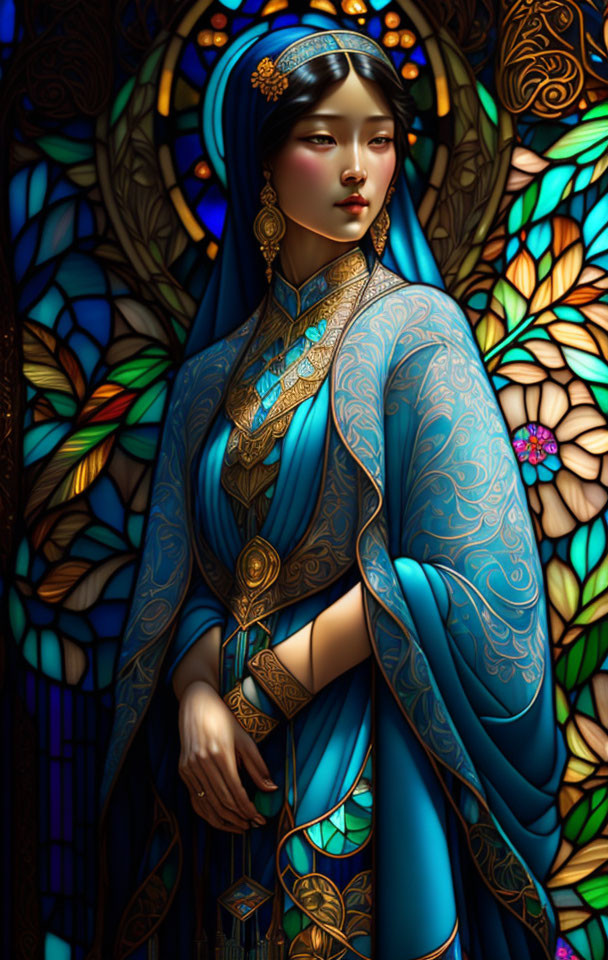 Illustration: Woman in Elaborate Headdress and Blue Robe with Stained Glass Background