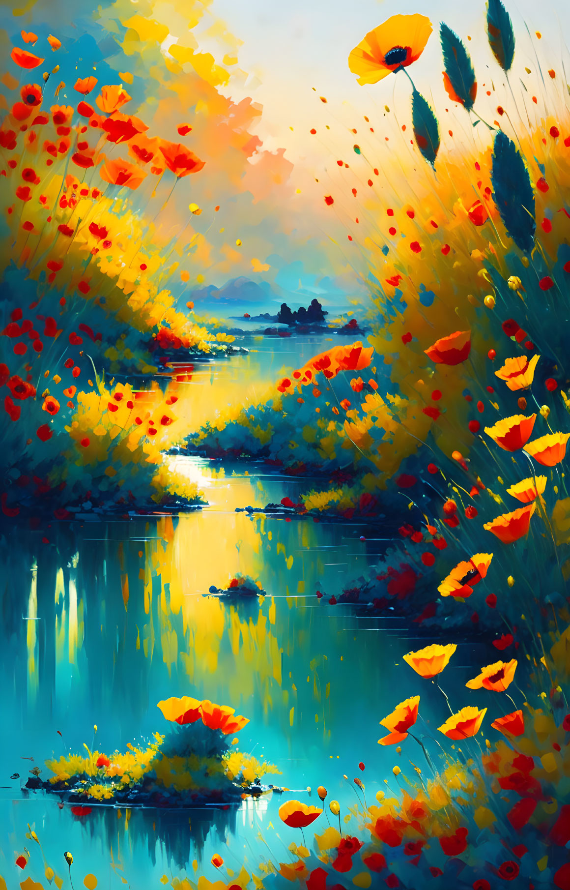 Vivid Landscape with Poppies, Reflective River, and Sunset